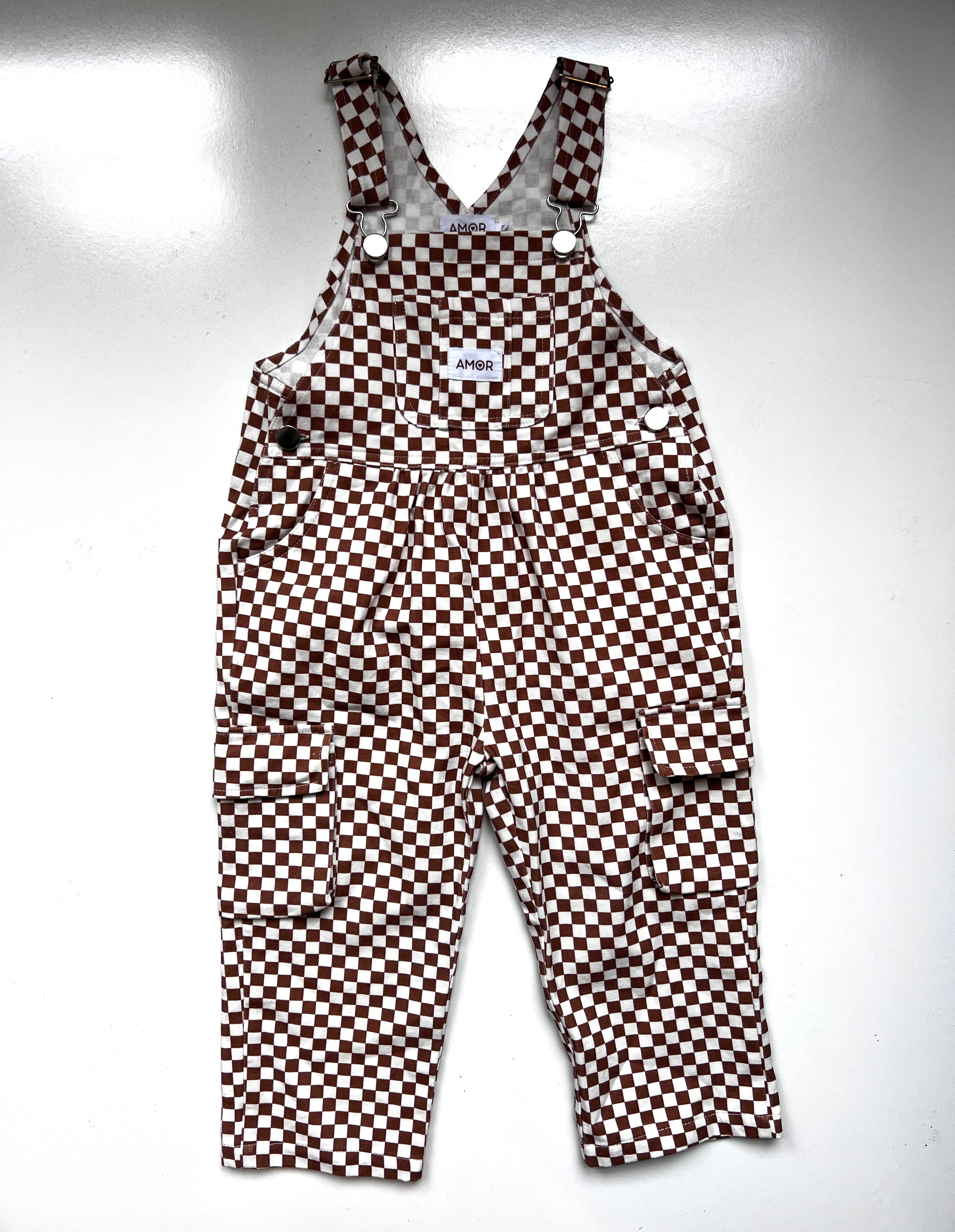 Brown Checkerboard Cargo Dungarees Age 2-3 Years